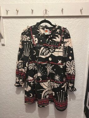 Boho Celestial Print Babydoll Dress with Red Trim